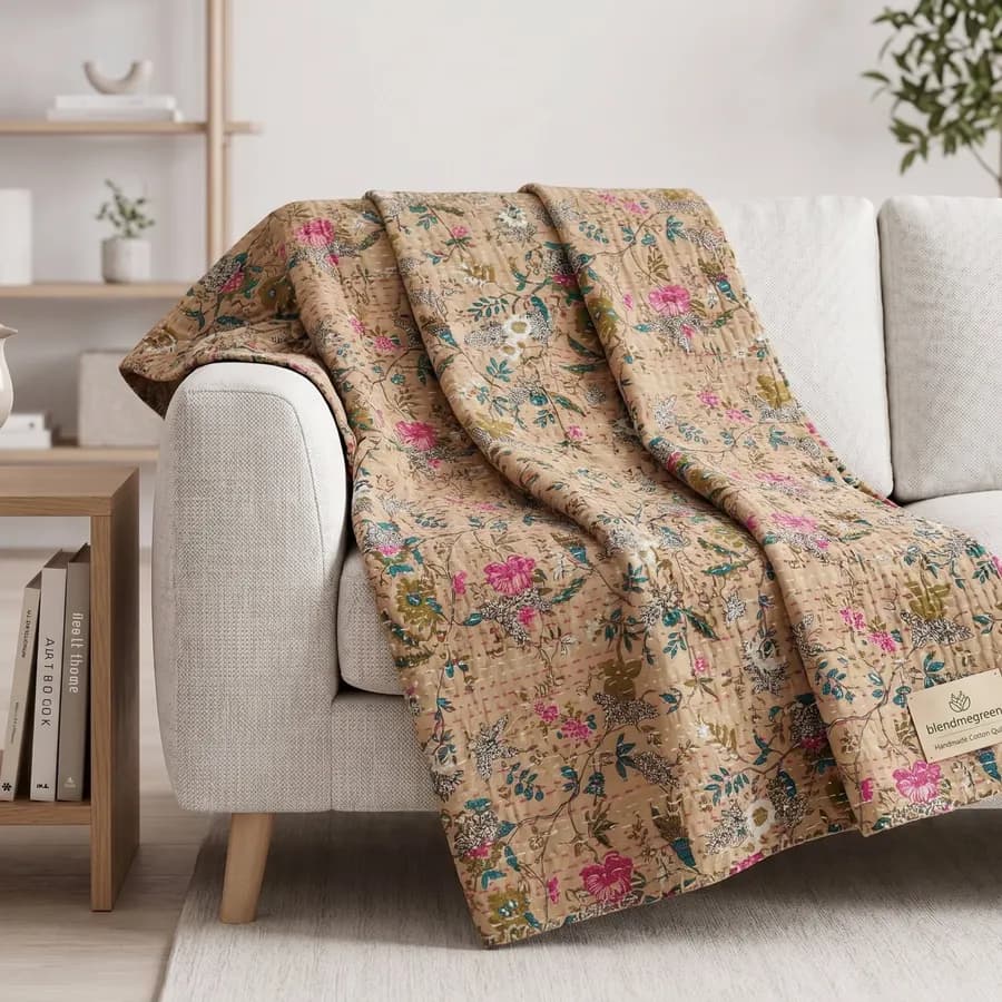 Floral Kantha Quilt - Hand-Stitched Cotton Throw Blanket