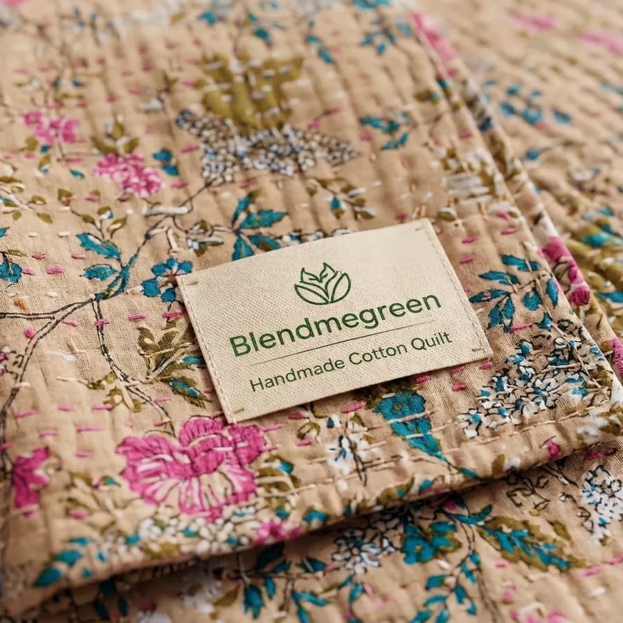 Floral Kantha Quilt - Hand-Stitched Cotton Throw Blanket