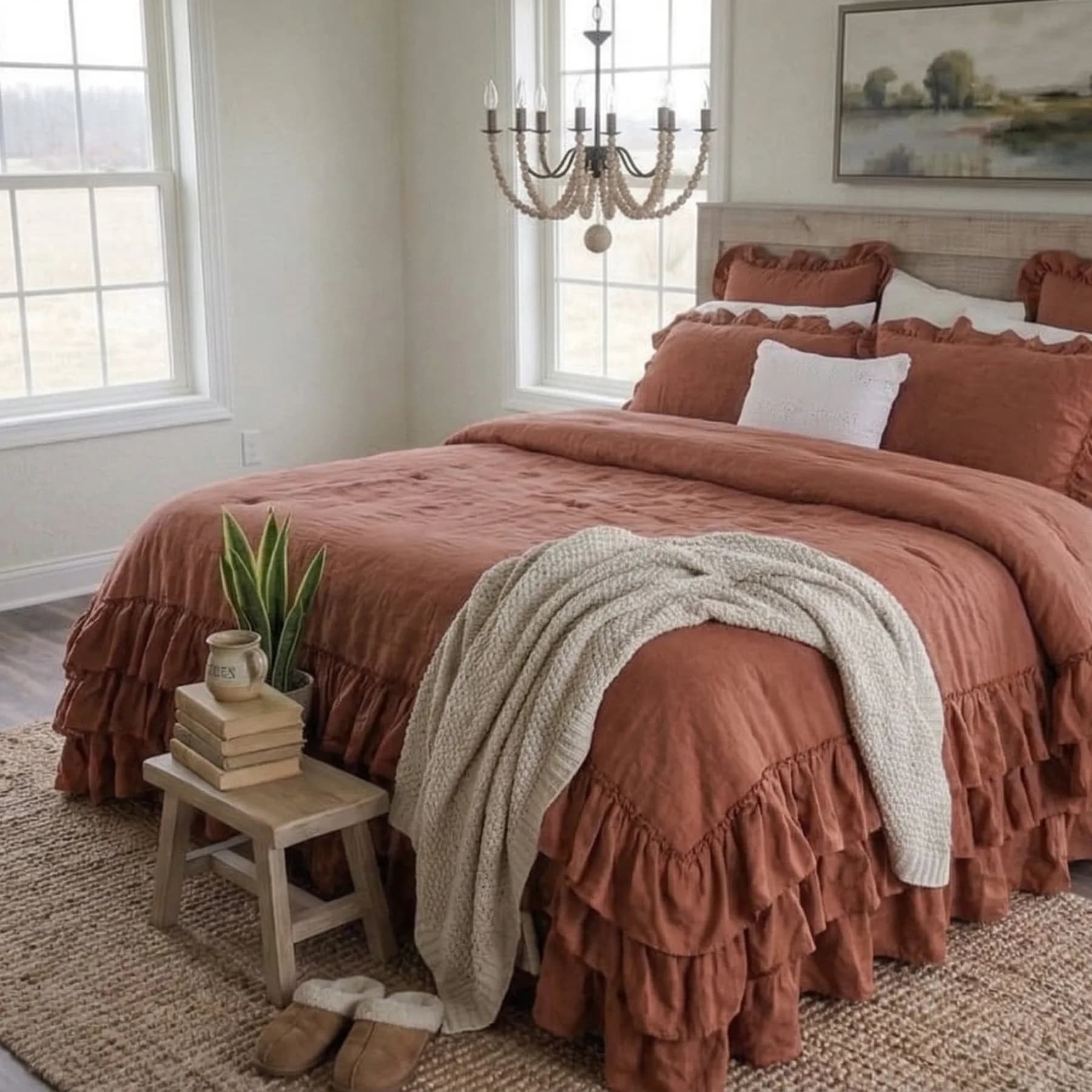 The Sacred Soil | Ruffled Terracotta Linen Duvet Set