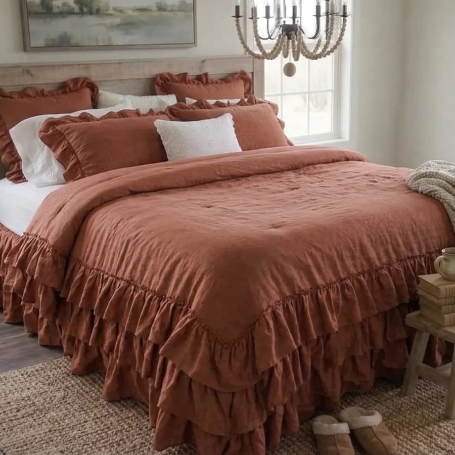The Sacred Soil | Ruffled Terracotta Linen Duvet Set